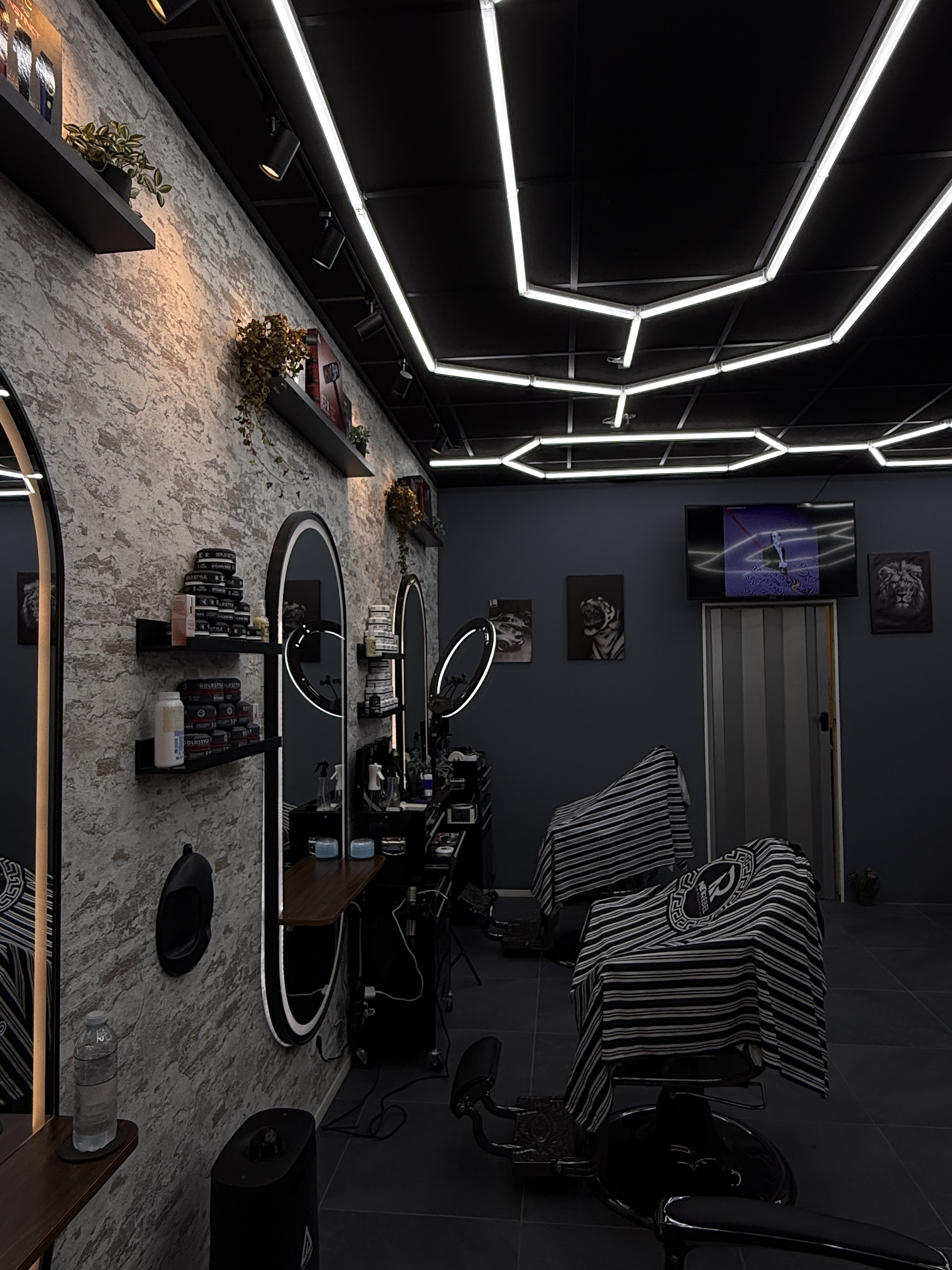 De zaak van Alpha Hairstyling: ovale spiegels aan de witte stenen muur, barberstoelen en lichtlijnen aan het plafond
